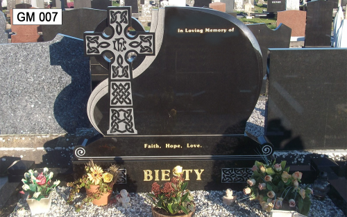 Gavins Memorials, Ballyhaunis, Co Mayo, Ireland.  Celtic Cross on side of Black Headstone 2 - GM 007