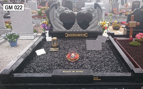 Gavins Memorials, Ballyhaunis, Co Mayo, Ireland. Black Granite Double Heart & Angel - GM 022